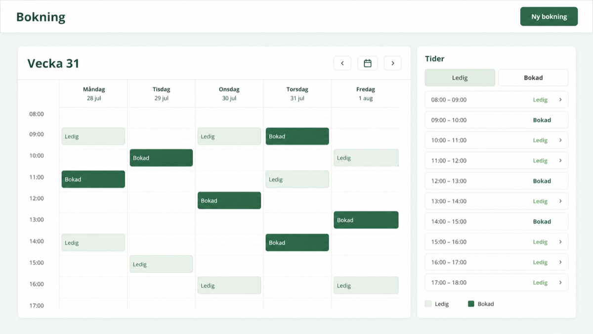 Bokning visar en veckokalender med lediga och bokade tider