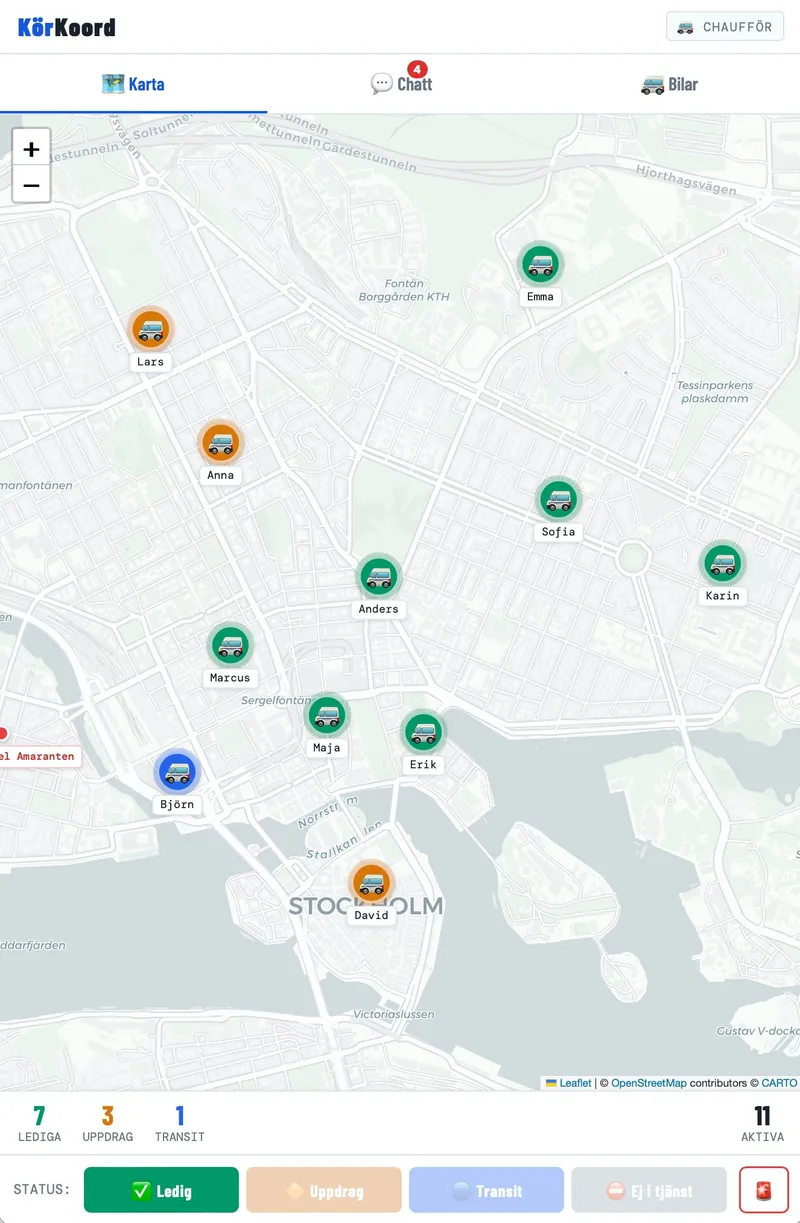 Hovala körkoordination med livekarta över chaufförer i Stockholm