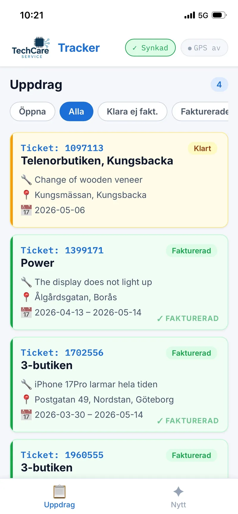 TechCare Tracker med lista över arbetsordrar och faktureringsstatus