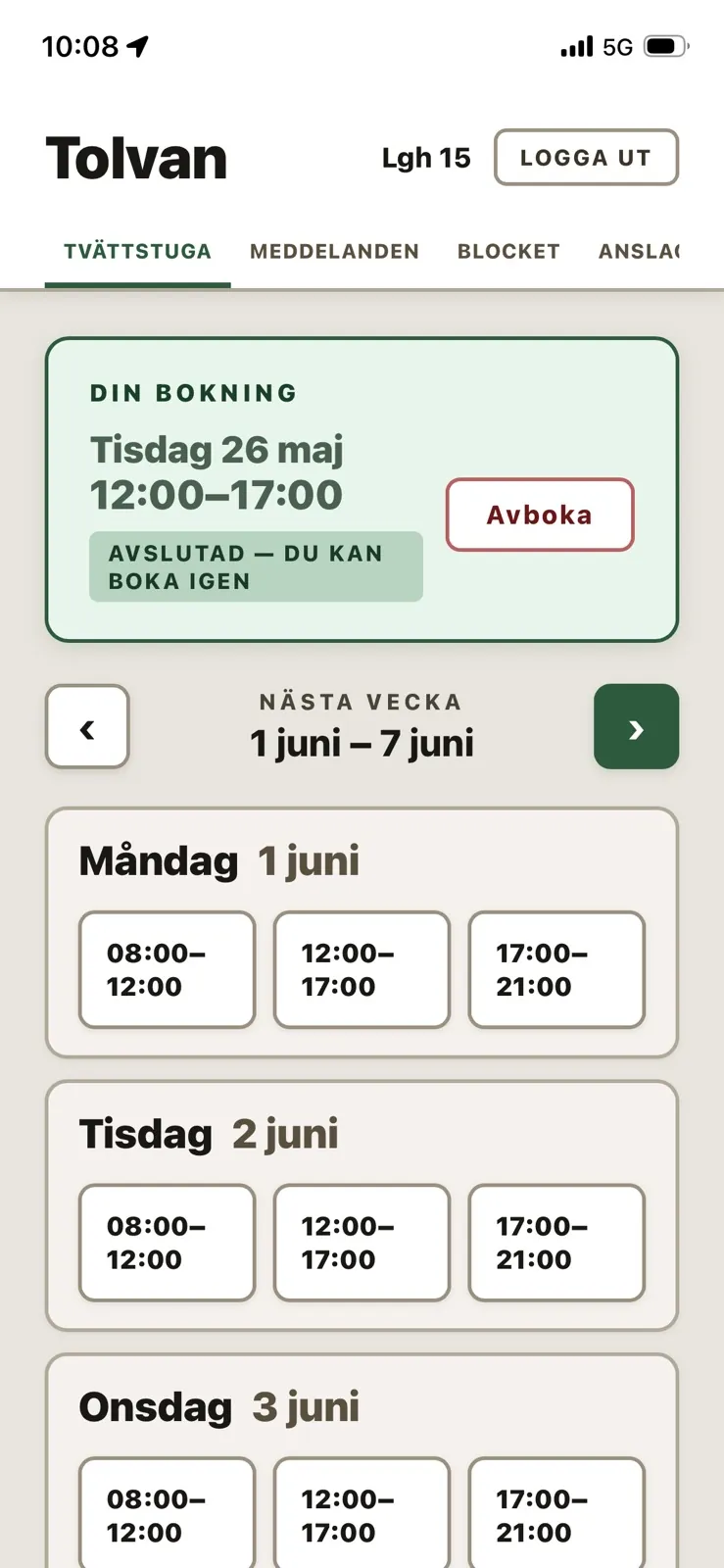 Tolvan tvättstugebokning med lediga tider